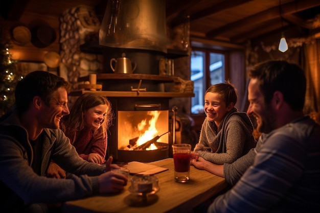 Cabaña en los Alpes suizos Momentos familiares acogedores junto a una chimenea rústica en invierno