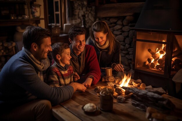 Cabaña en los Alpes suizos Momentos familiares acogedores junto a una chimenea rústica en invierno