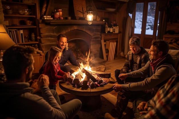 Cabaña en los Alpes suizos Momentos familiares acogedores junto a una chimenea rústica en invierno