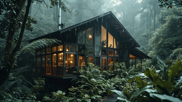 Foto cabana arrafada na floresta com muita vegetação generativa ai