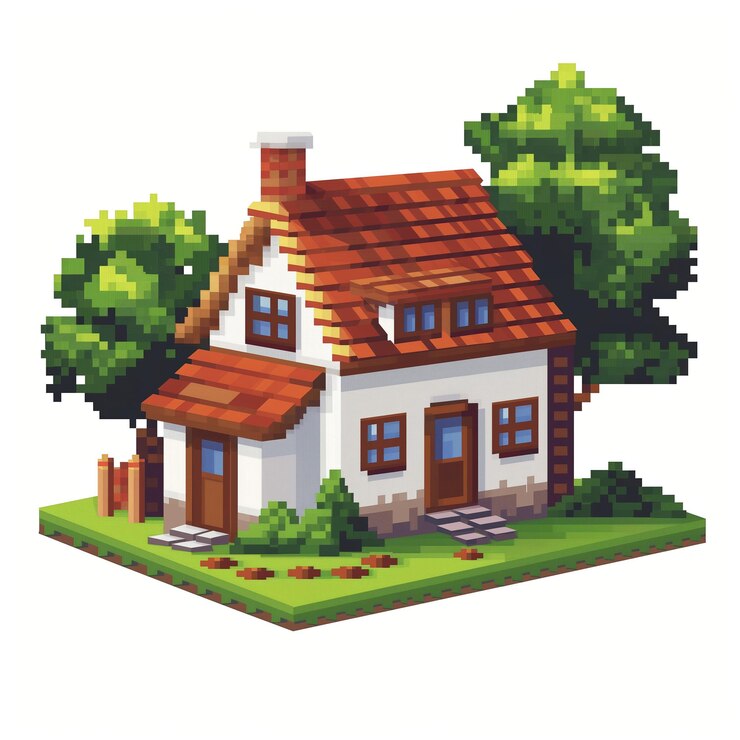 Foto cabaña de arte de píxeles rodeada de árboles casa isométrica de estilo retro de juegos