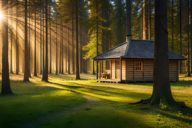 Una cabaña en un bosque con un árbol al fondo