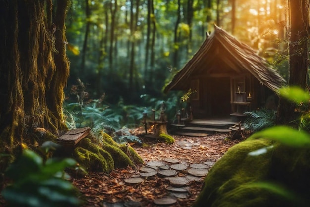 Foto una cabaña en el bosque con una cabaña de madera en el fondo