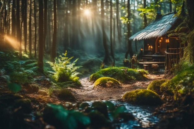 una cabaña en el bosque con una cabañas en el bosque