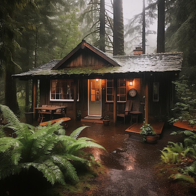 Una cabaña en el bosque con un cartel en la puerta.