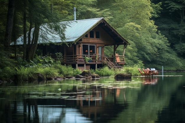 Cabaña en el bosque cerca del río con gran terraza de madera Casa en el agua en el lago IA generativa