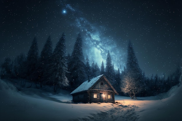 Una cabaña en el bosque con un cielo estrellado de fondo