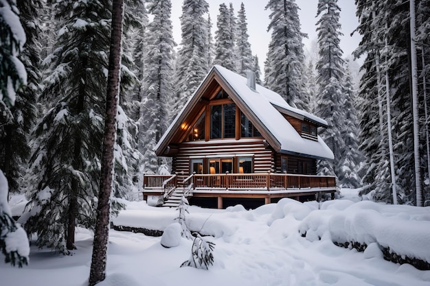 Cabaña en el bosque cubierta de nieve Generative Ai