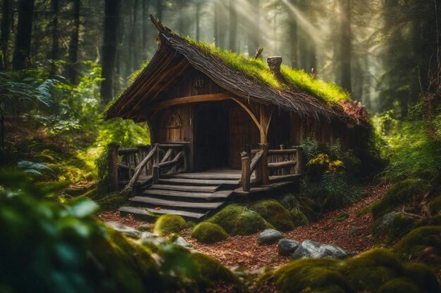 Foto una cabaña en el bosque con hierba en el techo