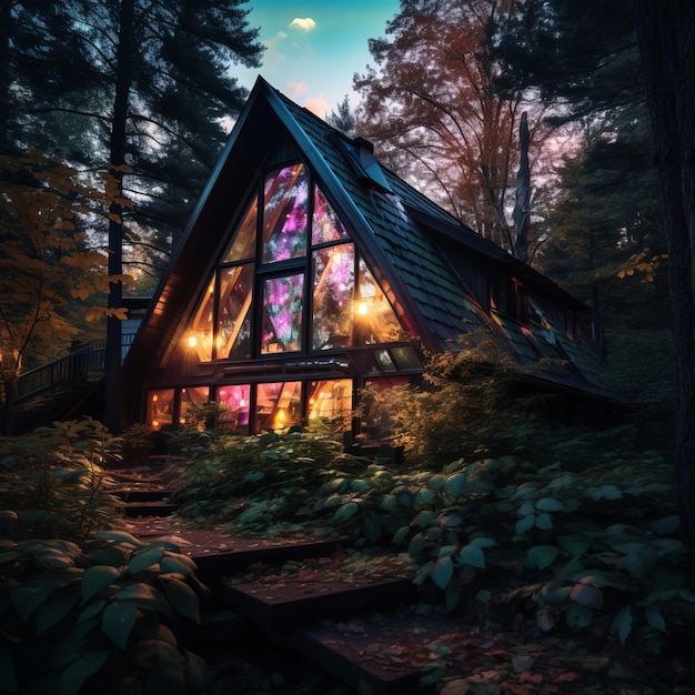 Foto una cabaña en el bosque iluminada con luces de colores