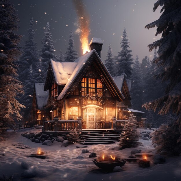 una cabaña en el bosque con luces encendidas en la nieve