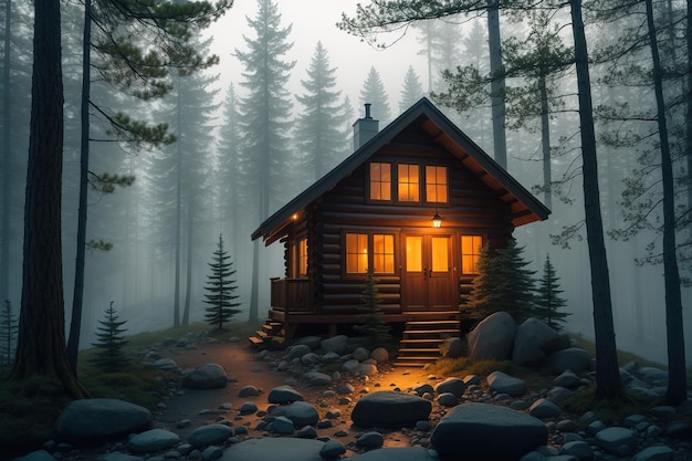 Una cabaña en el bosque con las luces encendidas