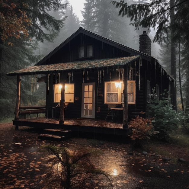 Una cabaña en el bosque con las luces encendidas