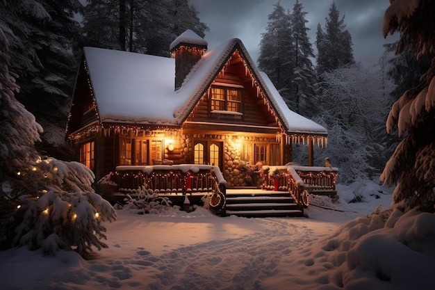 Una cabaña en el bosque con luces navideñas en el frente.