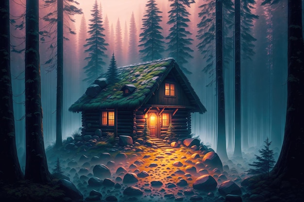 una cabaña en el bosque con una luz encendida al final de la noche en el bosque de niebla