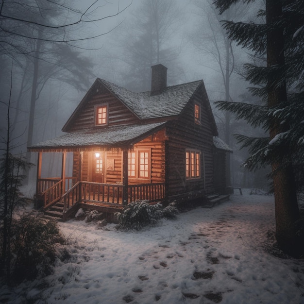 Una cabaña en el bosque con la luz encendida