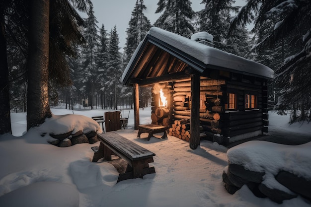 Cabaña en bosque nevado con cálida chimenea y cobijas tostadas