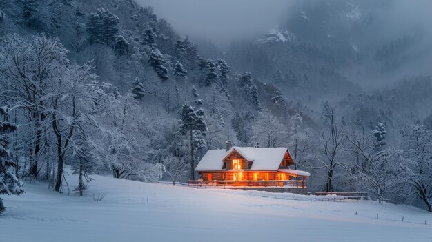 Cabaña en el bosque nevado