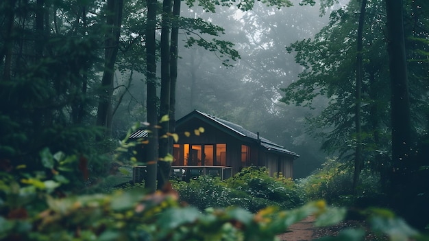 La cabaña del bosque de niebla en el romanticismo de la bruma soñadora