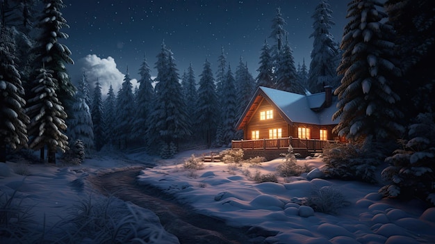 cabaña en el bosque por la noche con luna llena al fondo.