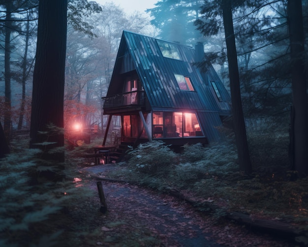 Una cabaña en el bosque por la noche.