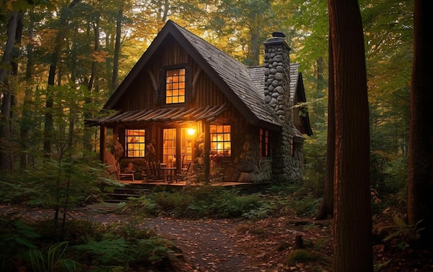 Cabaña en el bosque con un porche y una silla de porche generativa ai