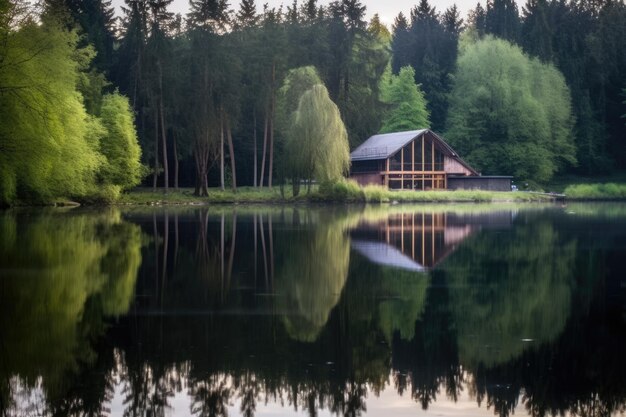 Una cabaña en el bosque reflejada en la superficie de un lago tranquilo