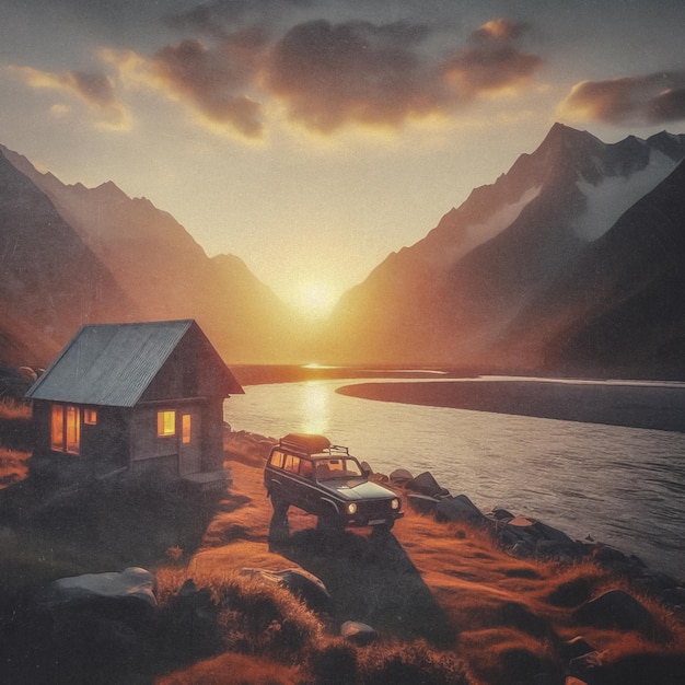 Cabaña con un coche en las montañas cerca de un río durante el atardecer