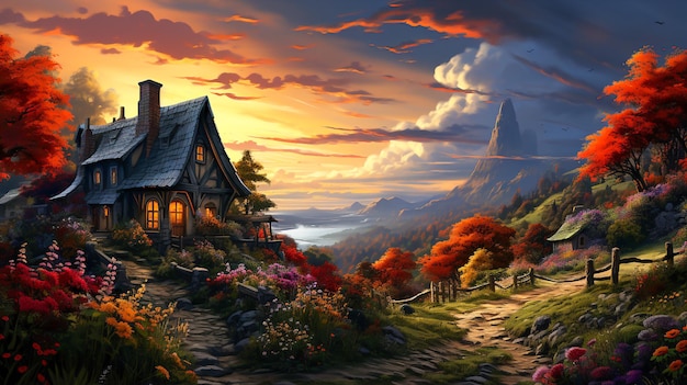 Foto cabaña en la colina con el cielo flores coloridas naturaleza fondo paisaje de fantasía generativo ai