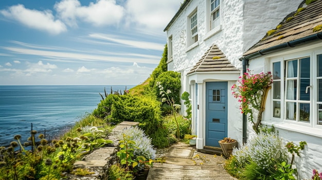 Cabaña costera blanca en el estilo del campo inglés junto al mar