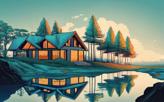 Foto cabaña de cuento de hadas en una frontera de lago en un hermoso bosque arte digital