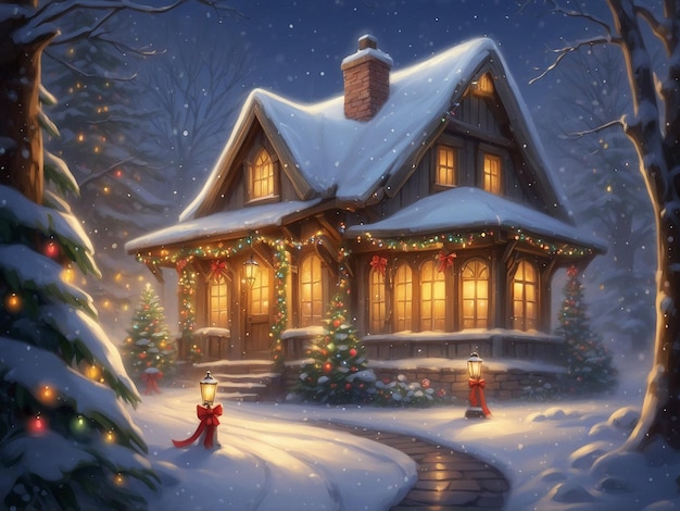Cabaña de cuento de hadas de Navidad decorada con brillantes y coloridas decoraciones navideñas
