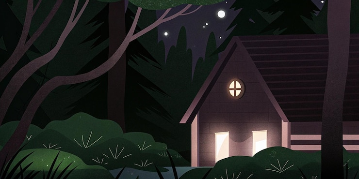 Foto cabana da floresta à noite