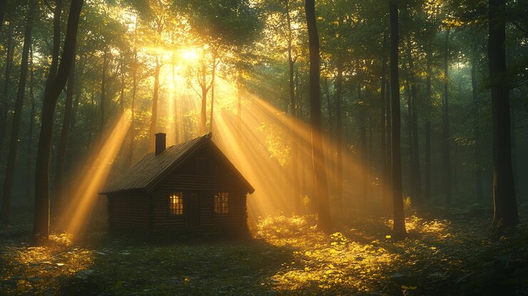 Cabana da Floresta Mística Raios de Luz do Nascer do Sol