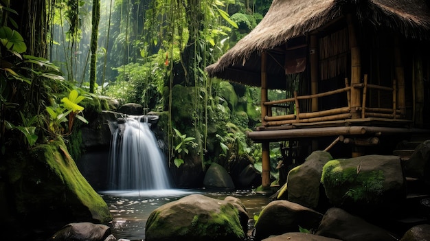 Cabana de bambu de rocha