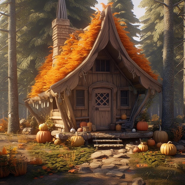 Cabana de bruxa fofa e aconchegante em estilo de casa de floresta de bétula Generative AI
