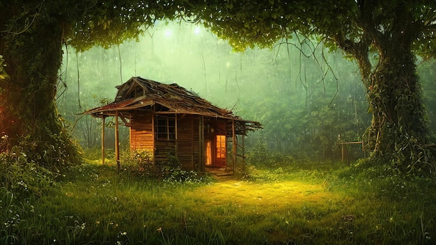 Cabana de casa velha abandonada, coberta de vegetação, hera e videiras, floresta densa fabulosa assustadora mágica, ninguém ao redor O edifício é capturado pela natureza e pela vegetação ilustração 3d