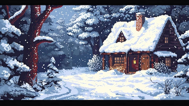 Cabana de inverno de pixel estilo neve lareira conforto geada árvores de Natal casaco de pele esquis trenó inverno calor velas cobertor chá quente queda de neve gerado por IA