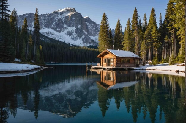 Cabana de madeira aconchegante ao lado de um lago de neve tranquilo