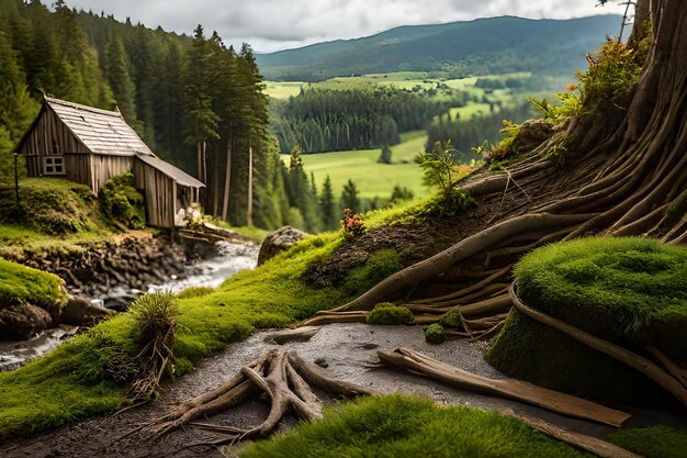 cabana de madeira antiga em miniatura na floresta