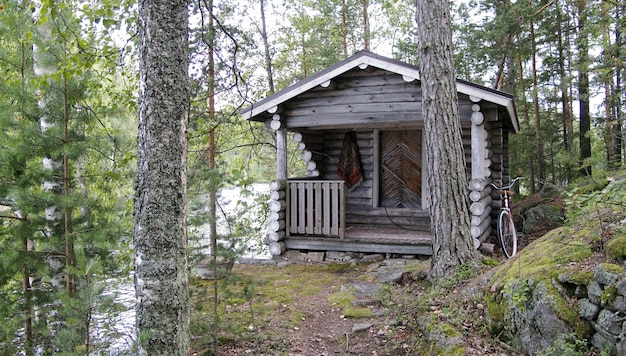 Cabana de madeira ao lado de um rio na floresta