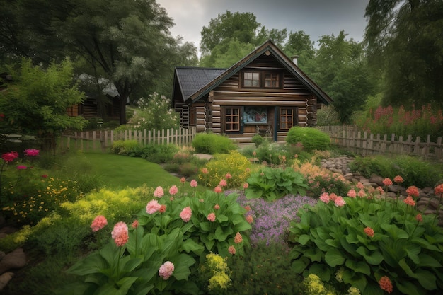 Cabana de madeira cercada por um jardim exuberante e verde com flores desabrochando
