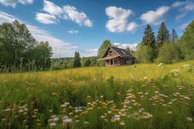 Cabana de madeira com campo vizinho de flores silvestres e céu azul claro