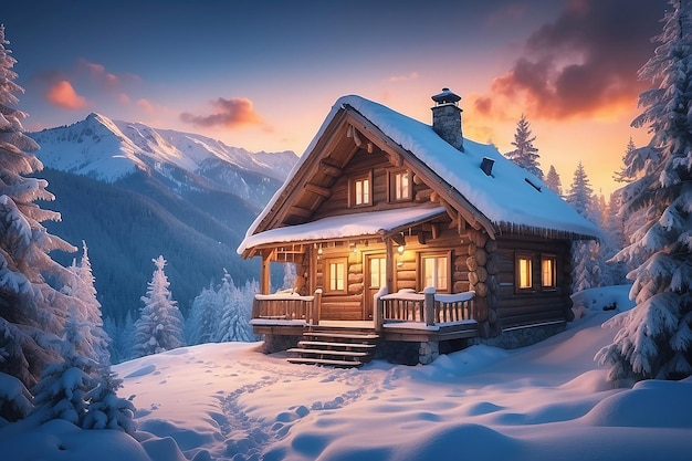 Foto cabana de madeira de yukon, no alasca, totalmente iluminada na noite de lua cheia no inverno nevado