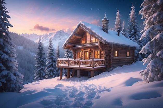 Cabana de madeira de Yukon, no Alasca, totalmente iluminada na noite de lua cheia no inverno nevado