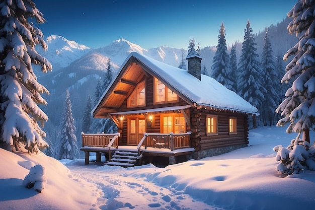 Cabana de madeira de Yukon, no Alasca, totalmente iluminada na noite de lua cheia no inverno nevado