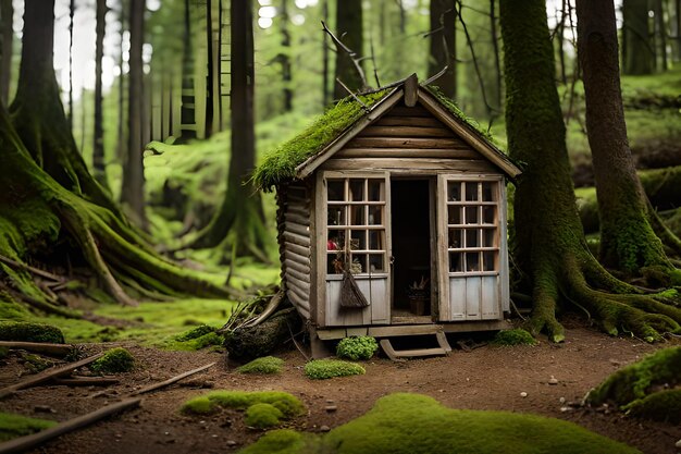 Foto cabana de madeira em miniatura na floresta