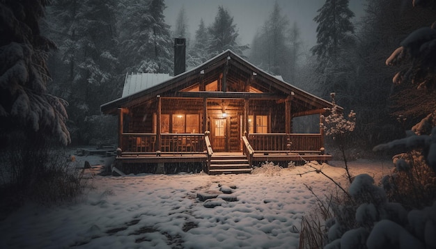 Cabana de madeira iluminada na paisagem de floresta nevada IA generativa