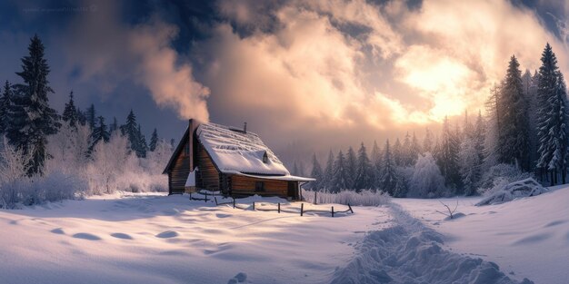 Cabana de madeira isolada na floresta coberta de neve no crepúsculo resplandecente