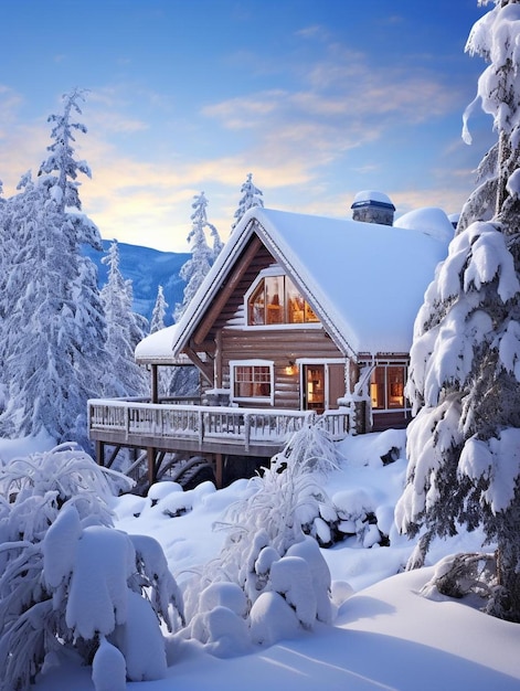 Cabana de madeira na neve